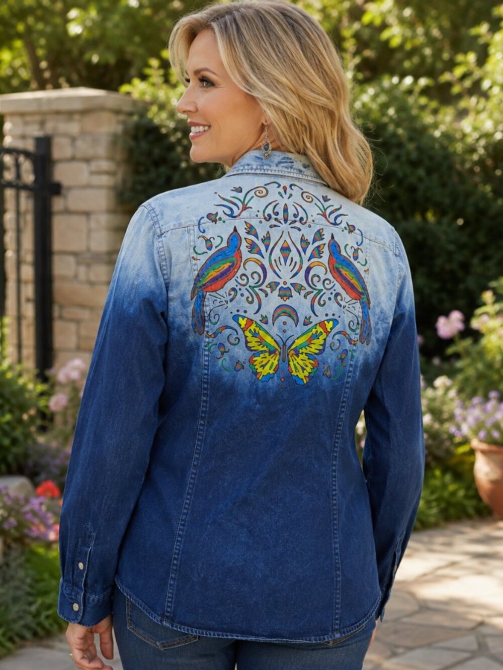 Upcycled Hand Painted Birds and Butterfly Denim Shirt - Bleached Blue Red M